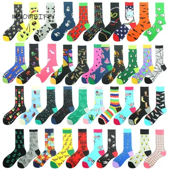 Памучни Дамски Чорапи със Средна Дължина, Европейски и американски Модни Чорапи с Геометрични животни и Плодове, Мъжки Спортни Чорапи Голям Размер