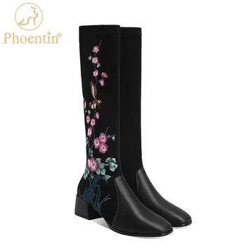 Phoentin/ Етнически Ботуши до коляното с цветна бродерия, Елегантни дамски дълги ботуши от естествена кожа, обувки на среден ток с квадратна змияр, черен FT1311