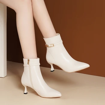 2022 Ботильоны на висок ток женски есенно-зимни Нови Темпераментни професионални Универсални обувки с телесен цвят с остри пръсти и страничен цип