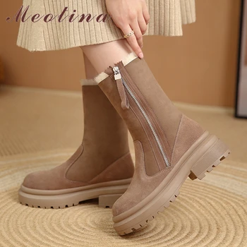 Meotina/Дамски обувки; Вълнени ботуши от естествена кожа на меху; дамски обувки на платформа и Висок Дебел ток на мълния до средата на прасците; зимни ботуши Каки Черно 40