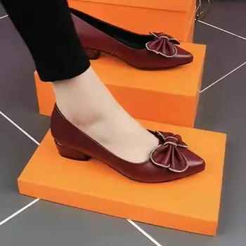 2022 Дамски Обувки От Мека Кожа с Черен Цвят На Нисък Ток На Средно Токчета, Елегантни Дамски Обувки-лодка Mary Jane