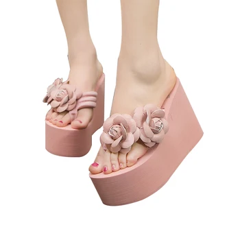 Летни дамски чехли в бохемски стил; Чехли с цветя; Дамски Джапанки; Плажни Нескользящие прости обувки на много по-висока дебела подметка; 3 Цвята