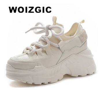 WOIZGIC Дамски Дамски Студентски Обувки От естествена кожа Lycab Бели Обувки Маратонки на платформа С Шнур Увеличена Стелка