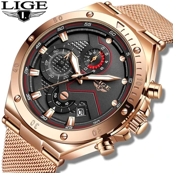 LIGE Rose Gold Herren Uhren Top Brand Luxus Sport Uhr Männer Edelstahl Wasserdicht Quarz Uhr Für Männer Mode Хронограф